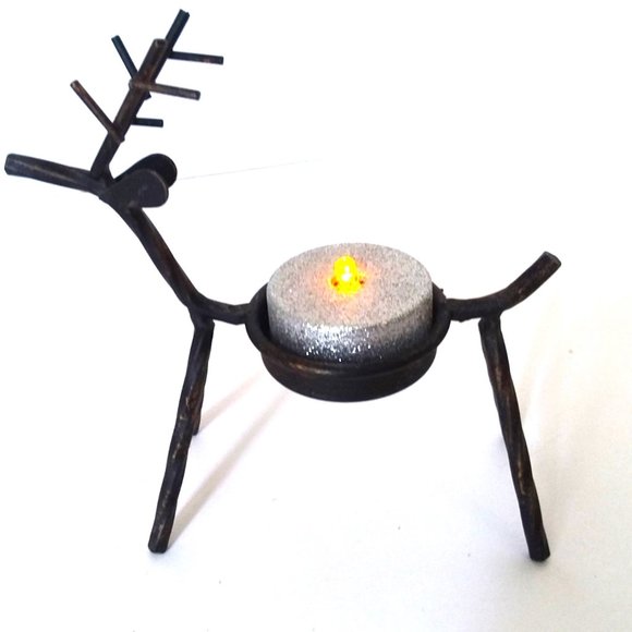Reindeer Tealight Candle Holder Metal Rustic Cabin Holiday w/ Candle - Picture 1 of 6